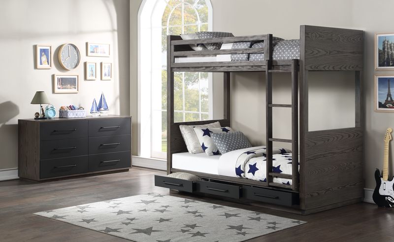 Estevon Gray Oak Finish Bunk Bed