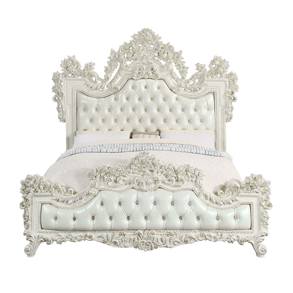 Adara Pearl White Synthetic Leather & Antique White Finish Eastern King Bed