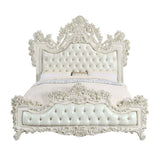 Adara Pearl White Synthetic Leather & Antique White Finish Eastern King Bed