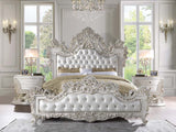 Adara Pearl White Synthetic Leather & Antique White Finish Eastern King Bed