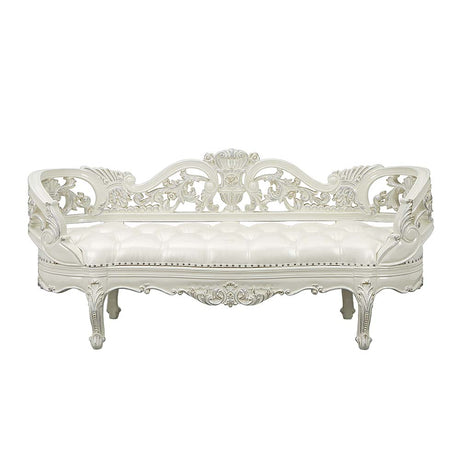 Adara Pearl White Synthetic Leather & Antique White Finish Bench