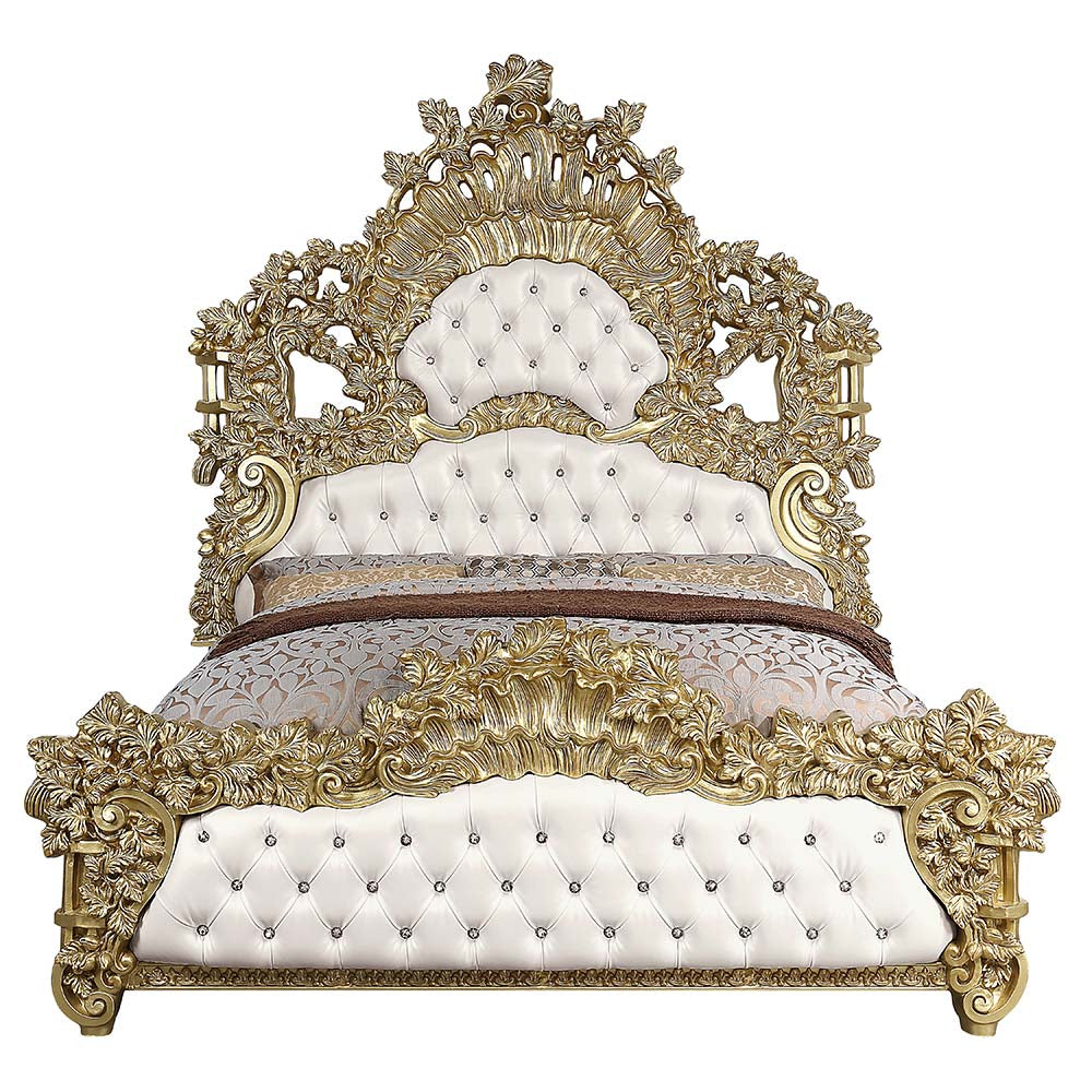 Bernadette White Synthetic Leather Fabric & Gold Finish Eastern King Bed