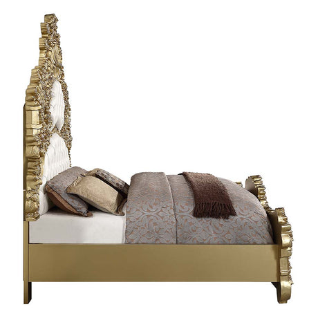 Bernadette White Synthetic Leather Fabric & Gold Finish Eastern King Bed