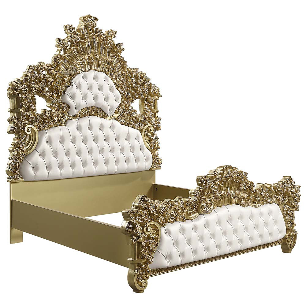 Bernadette White Synthetic Leather Fabric & Gold Finish Eastern King Bed