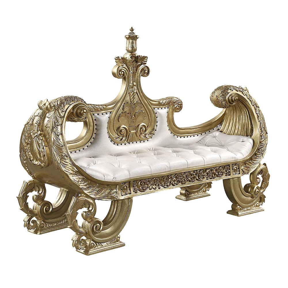 Bernadette White Synthetic Leather Fabric & Gold Finish Bench