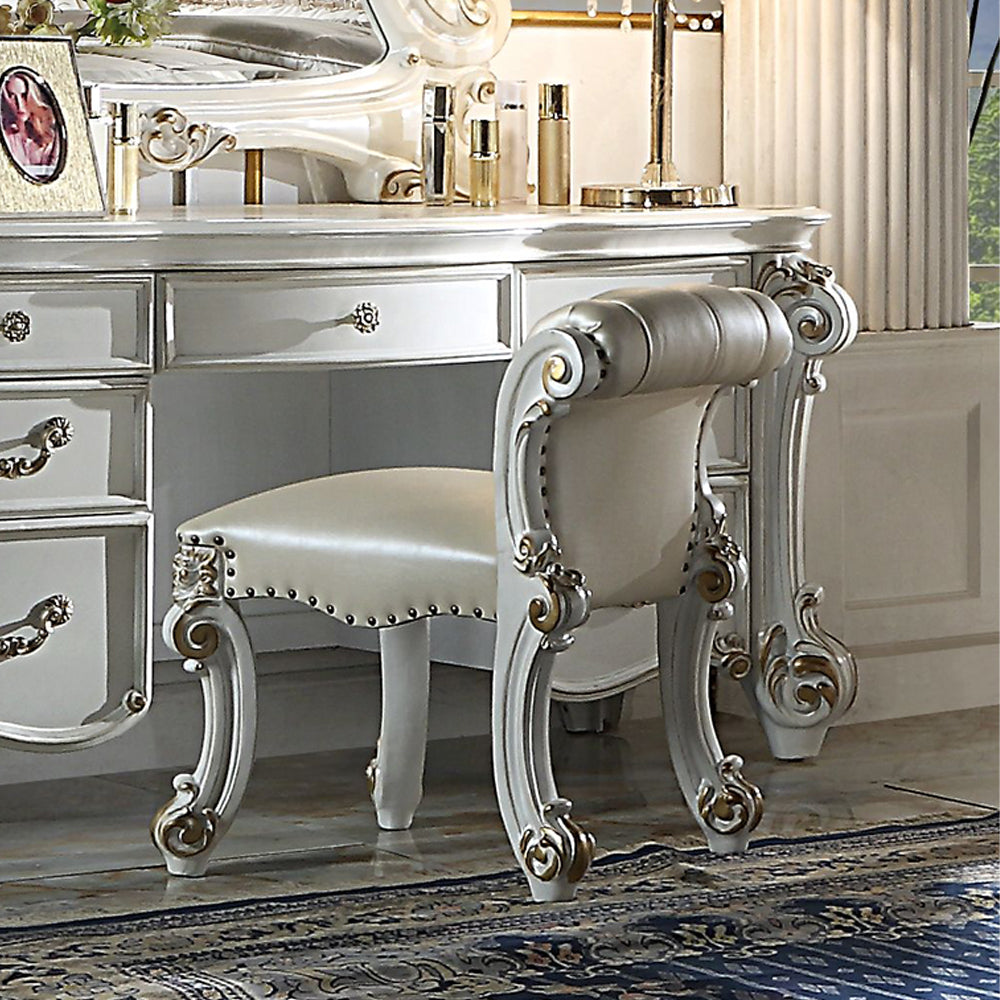 Vendome Beige Synthetic Leather & Antique Silver Finish Vanity Stool