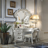 Vendome Beige Synthetic Leather & Antique Silver Finish Vanity Stool