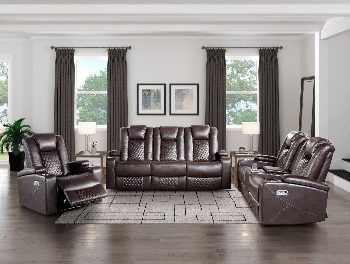 Caelan Dark Brown Power Double Reclining Center Drop Down Living Room Set with Power Headrests