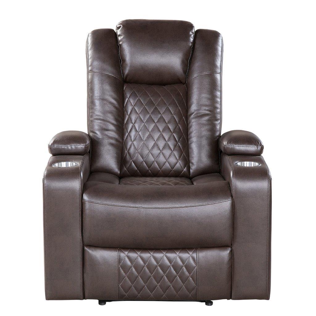 Caelan Dark Brown Power Double Reclining Center Drop Down Living Room Set with Power Headrests