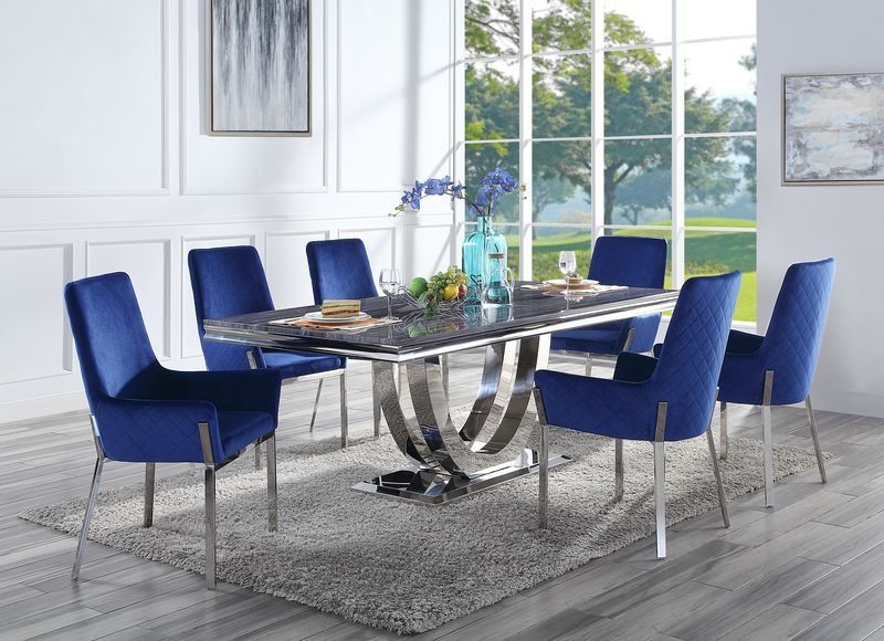 Cambrie Blue Velvet & Mirrored Silver Finish Side Chair (Set-2)