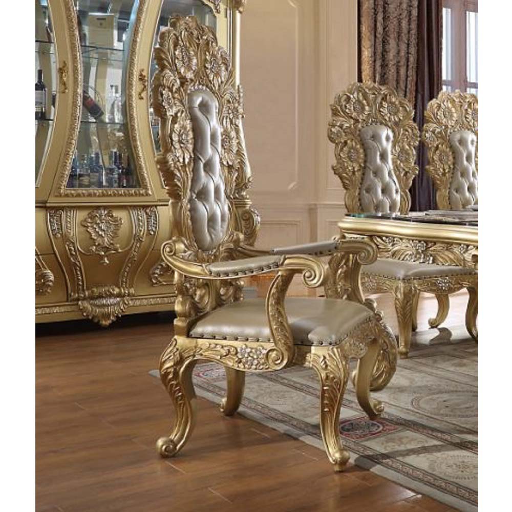 Cabriole Light Gold Synthetic Leather & Gold Finish Arm Chair (Set-2)