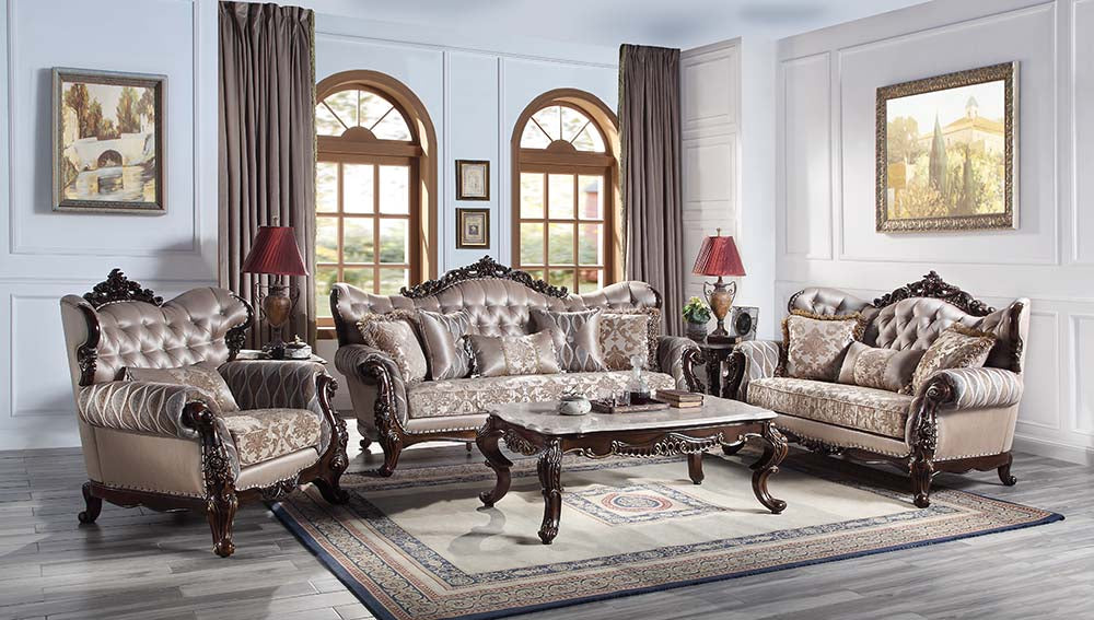 Benbek Fabric & Antique Oak Finish Sofa