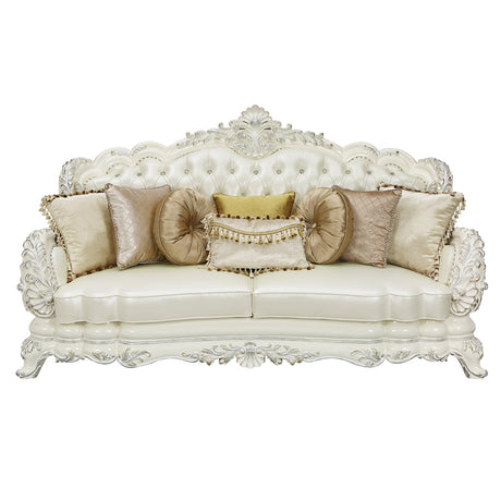 Adara Pearl White Synthetic Leather & Antique White Finish Sofa