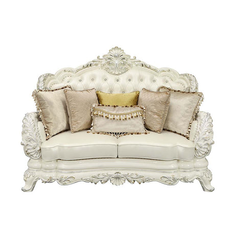 Adara Pearl White Synthetic Leather & Antique White Finish Loveseat