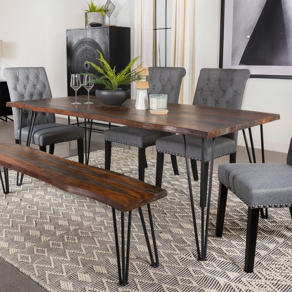 Neve Sheesham Grey And Gunmetal Live Edge Dining Room Set