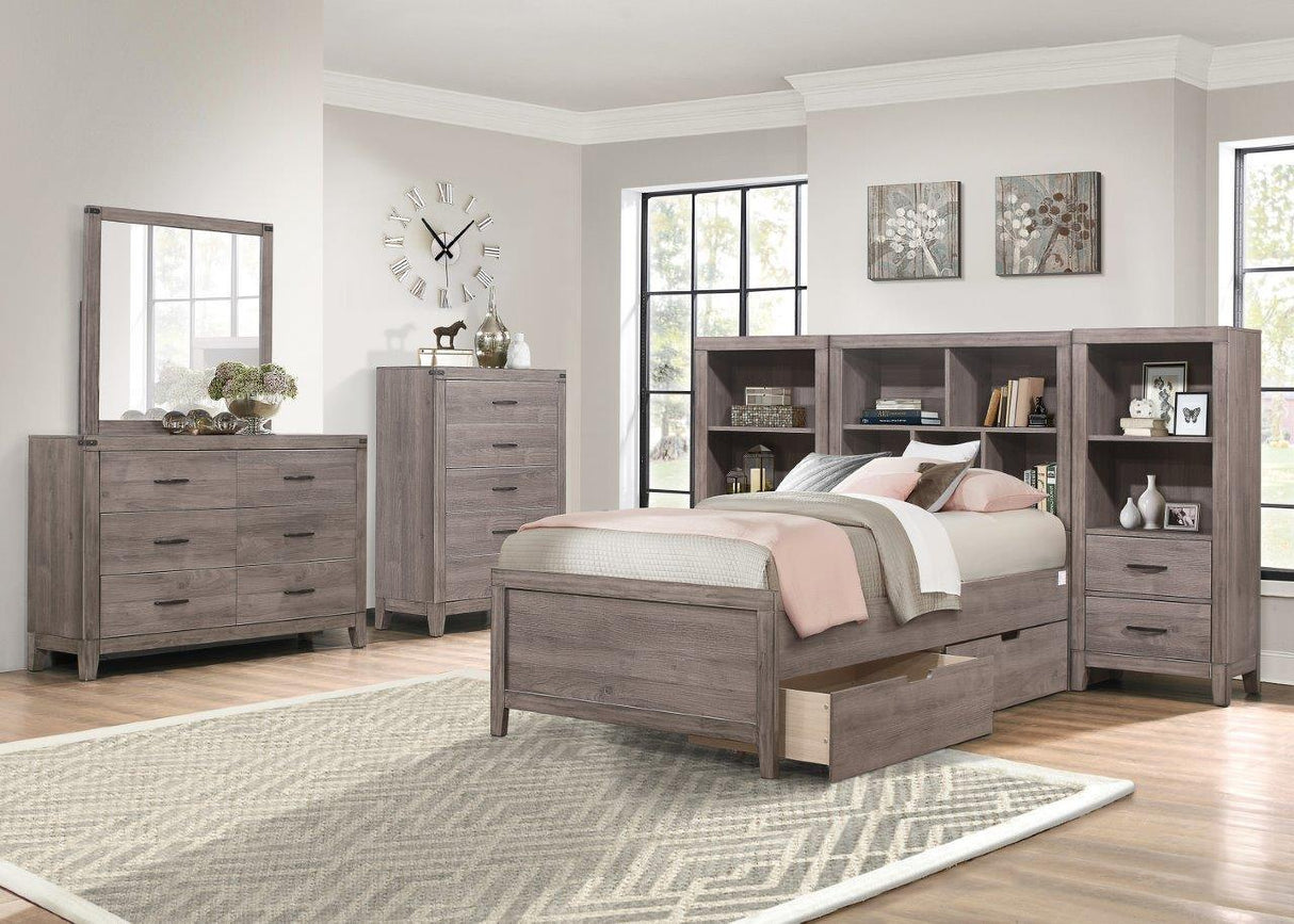 Woodrow Brownish Gray Youth Platform Bookcase Bedroom Set